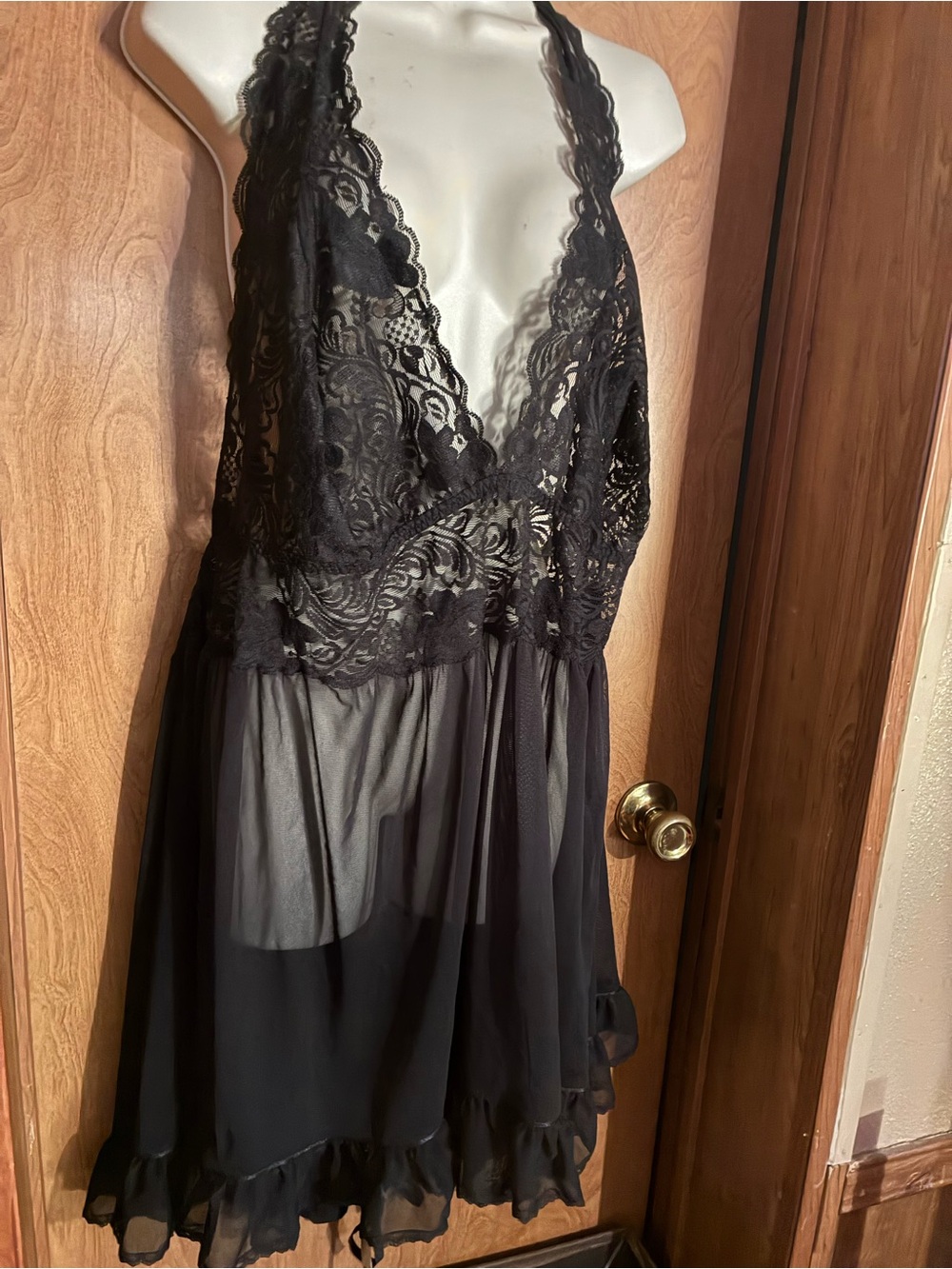 NWT 26/28 Cacique Black Lace Halter Chiffon Babydoll and Panty Set